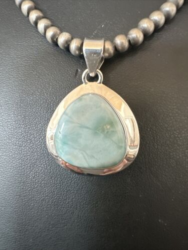 Navajo Blue Larimar Pendant Necklace | Sterling Silver Beads | Authentic Native American Handmade | 17605