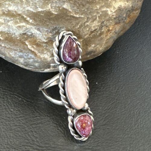 Navajo Purple Spiny Oyster & Mother of Pearl Cluster Ring | Authentic Native American Sterling Silver | Multi-Stone | Sz 7 | 17646
