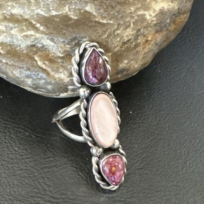Navajo Purple Spiny Oyster & Mother of Pearl Cluster Ring | Authentic Native American Sterling Silver | Multi-Stone | Sz 7 | 17646