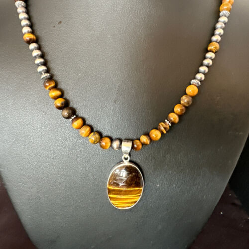 Southwestern Coffee Brown Tiger's Eye Pendant Necklace | Sterling Silver | Native American Handmade | 15867