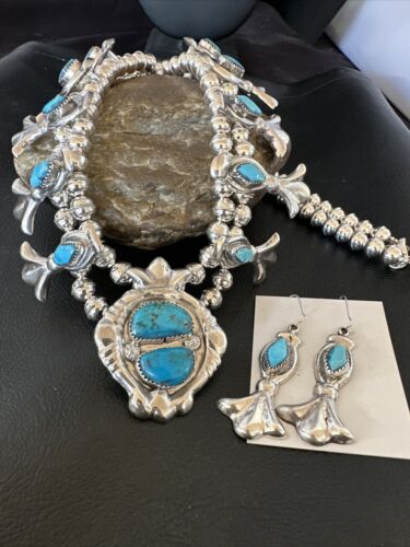 Kingman Turquoise Navajo Squash Blossom Necklace & Earrings | Sterling Silver | Native American Handmade | 16543
