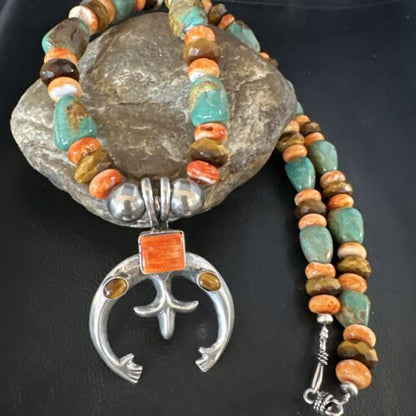 Men's Tigers Eye Green TurquoiseNaja Pendant Necklace | Navajo Sterling Silver | 24" | Authentic Native American Handmade | 15223