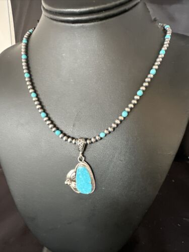 Navajo Pearls Kingman Turquoise Pendant Necklace | Sterling Silver | Authentic Native American Handmade | 14889