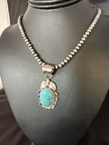 Navajo Pearls Blue Turquoise Necklace Pendant | Sterling Silver | Authentic Native American Handmade | 14881