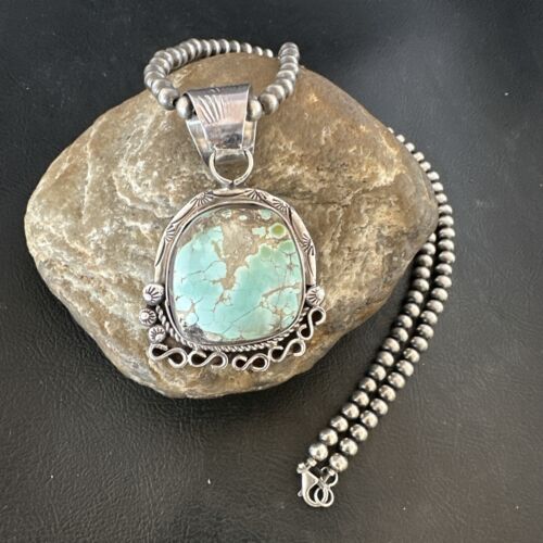 Women's Royston Turquoise Pendant Necklace | Navajo Pearls | Sterling Silver | Authentic Native American Handmade | 17065