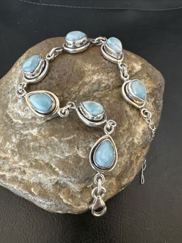 Navajo Blue Larimar Link Bracelet | Sterling Silver | 8" | Authentic Native American Handmade | 16083