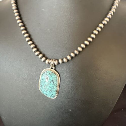 Men's Navajo Blue Spiderweb Turquoise Pendant Necklace | Sterling Silver | Authentic Native American Handmade | 16274