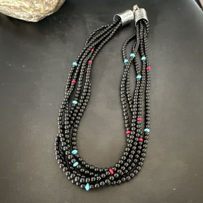Navajo Black Onyx Turquoise Bead Necklace | Sterling Silver | 18" | Authentic Native American Handmade | 16821