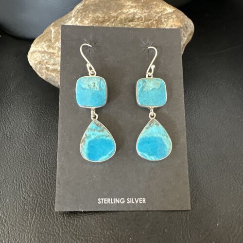 Navajo Blue Kingman Turquoise Dangle Earrings | Sterling Silver | Authentic Native American Handmade | 15105