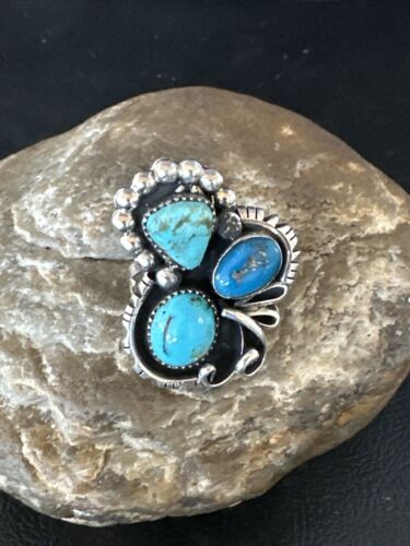 Navajo Blue Turquoise Cluster Ring | Authentic Native American Sterling Silver | Multi-Stone | Sz 8.5 | 14837