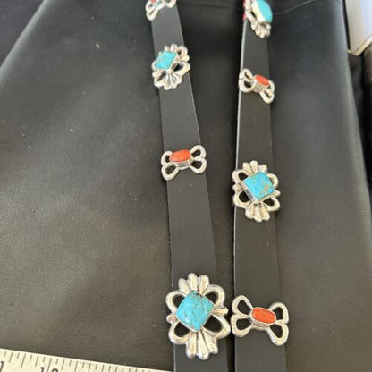 Men's Kingman Turquoise Coral Concho Belt | Sterling Silver | Navajo Tufa | 16681