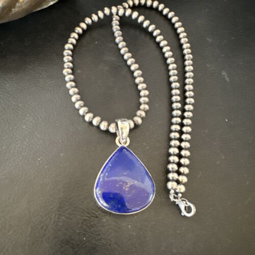 Navajo Blue Lapis Pendant with Pearls | Sterling Silver Necklace | 20" | Authentic Native American Handmade | 16670
