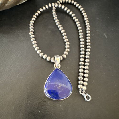 Navajo Blue Lapis Pendant with Pearls | Sterling Silver Necklace | 20" | Authentic Native American Handmade | 16670