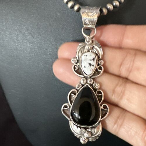 Navajo White Buffalo Turquoise & Onyx Pendant Necklace | Sterling Silver | Multi-Stone | 15315