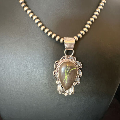 Navajo Green Boulder Turquoise Pendant Necklace | Sterling Silver | Men's Women's | 16135