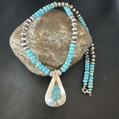 Navajo Blue Spiderweb Turquoise Inlay Pendant Necklace | Sterling Silver | Authentic Native American Handmade | 17120