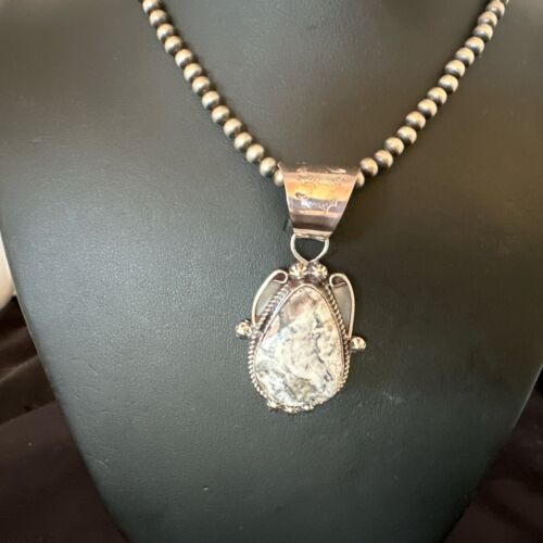 Navajo White Buffalo Turquoise Pendant | Pearl Sterling Silver Necklace | Authentic Native American Handmade | 17043