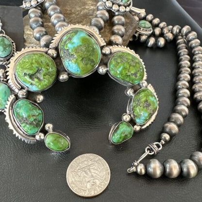 Green Sonoran Gold Turquoise Sterling Silver Squash Blossom Necklace Pendant | Navajo | 17207