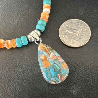 Navajo Spiny Turquoise Pendant Necklace | Sterling Silver | 21" | Authentic Native American Handmade | 17519