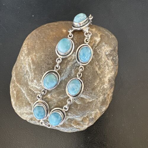 Navajo Blue Larimar Bracelet | Sterling Silver Link | 8" | Authentic Native American Handmade | 16076