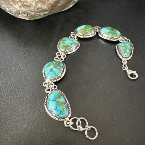 Navajo Green Sonoran Gold Turquoise 6-Stone Link Bracelet | Sterling Silver | Authentic Native American Handmade | 16373