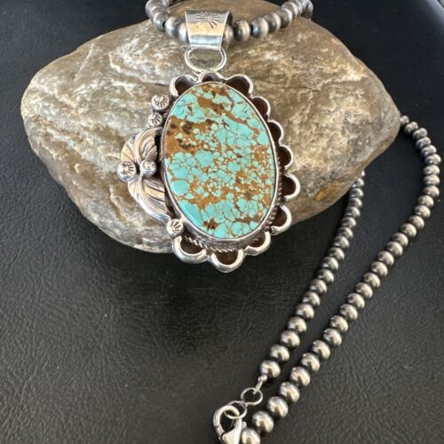 Navajo Blue #8 Turquoise Pendant Necklace | Sterling Silver Pearls | Authentic Native American Handmade | 15508