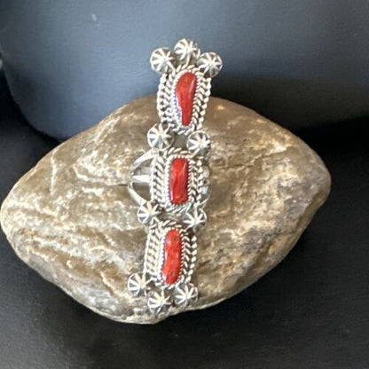 Navajo Red Coral Cluster Ring | Authentic Native American Sterling Silver | Multi-Stone | Sz 11.5 | 16329