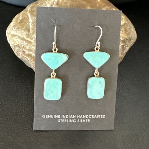 Navajo Blue Kingman Turquoise Dangle Earrings | Sterling Silver | Authentic Native American Handmade | 15121