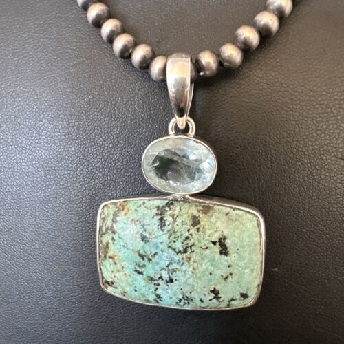 Navajo Dry Creek Turquoise Topaz Pendant Necklace | Sterling Silver | Authentic Native American Handmade | 16446