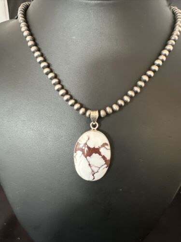 Navajo Wild Horse Turquoise Pendant | Sterling Silver Necklace with Pearls | Authentic Native American Handmade | 15717