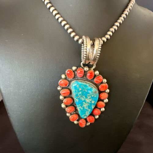 Navajo Turquoise Spiny Oyster Cluster Pendant Necklace | Sterling Silver | Native American Handmade | 17151 - Masha USA