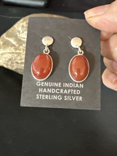 Navajo Burgundy Carnelian Dangle Earrings | Sterling Silver | Authentic Native American Handmade | 14924