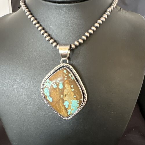 Navajo Blue Turquoise #8 Pendant | Sterling Silver Necklace with Pearls | Authentic Native American Handmade | 16349
