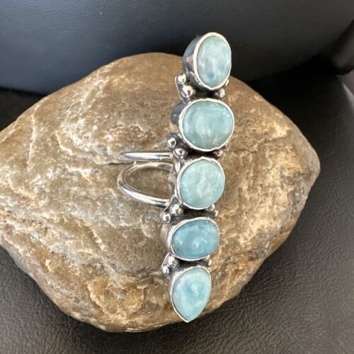 Navajo Blue Larimar Multi-Stone Cluster Ring | Authentic Native American Sterling Silver | Sz 9.5 | 16607