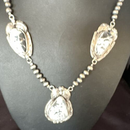 Navajo White Buffalo Turquoise Pendant Necklace | Sterling Silver | Authentic Native American Handmade | 15249