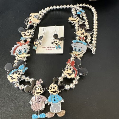 Disney Mickey Minnie Zuni Necklace Pendant | Sterling Silver Inlay | Authentic Native American Handmade | 16073