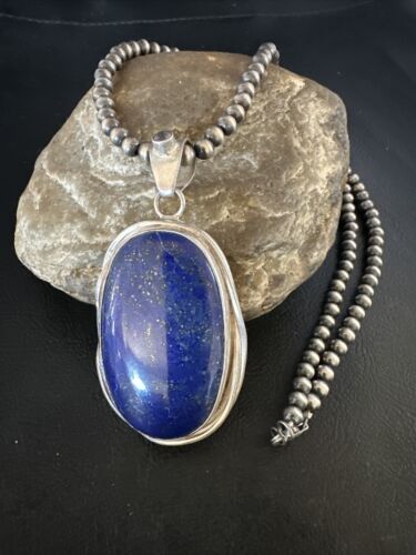 Men's Denim Lapis Lazuli Pendant Necklace | Navajo Beads | Sterling Silver | Authentic Native American Handmade | 15199