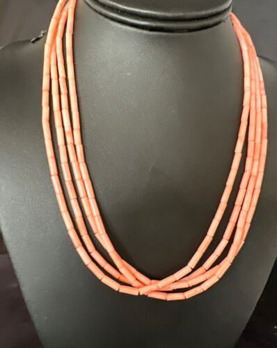 Pink Coral Tube Heishi Bead Necklace | 4 Strand Navajo Sterling Silver | 18" | 15279