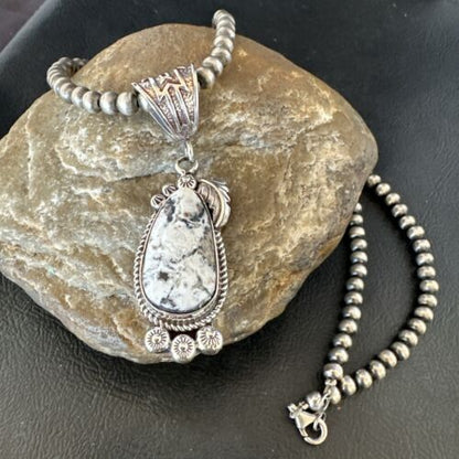 Navajo White Buffalo Turquoise Pendant Necklace | Sterling Silver | Authentic Native American Handmade | 17514