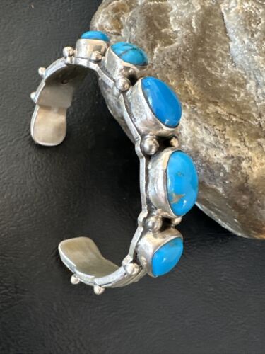 Navajo Blue Kingman Turquoise Cuff Bracelet | Sterling Silver | 5 Stone | Authentic Native American Handmade | 15988 - Masha USA