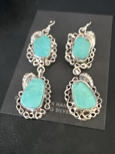 Navajo Blue Kingman Turquoise Dangle Earrings | Sterling Silver | Authentic Native American Handmade | 15188