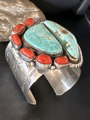 Navajo Green Royston Turquoise Coral Cuff Bracelet | Sterling Silver | Authentic Native American Handmade | 15309