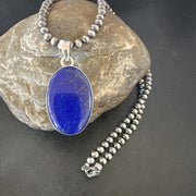 Navajo Blue Lapis Pendant with Pearls | Sterling Silver Necklace | 20" | Authentic Native American Handmade | 16662