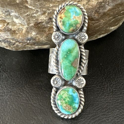 Navajo Green Sonoran Gold Turquoise Multi-Stone Ring | Authentic Native American Sterling Silver | Sz 8 | 16289