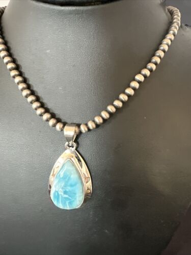 Navajo Blue Larimar Pendant Necklace | Sterling Silver Beads | Authentic Native American Handmade | 17604