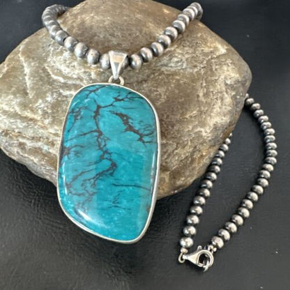 Men's Navajo Blue Spiderweb Turquoise Pendant Necklace | Sterling Silver | Authentic Native American Handmade | 16209