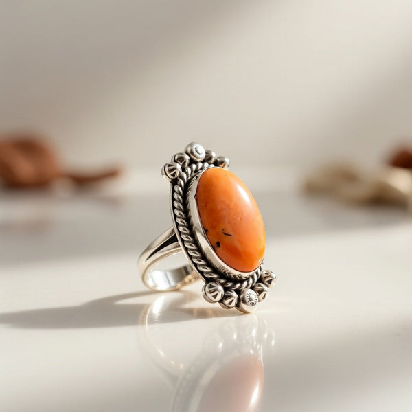 Native American Orange Spiny Oyster Navajo Ring | Sterling Silver | Sz 8 | 13283