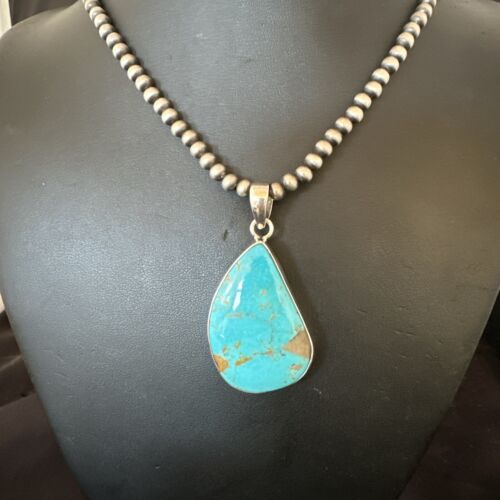 Blue Kingman Turquoise Pendant | Navajo Pearls | Sterling Silver Necklace 20" | 16999