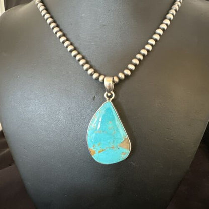 Blue Kingman Turquoise Pendant | Navajo Pearls | Sterling Silver Necklace 20" | 16999