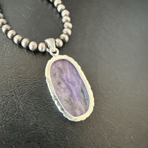 Navajo Purple Charoite Pendant with Pearls | Sterling Silver Necklace | Authentic Native American Handmade | 17313
